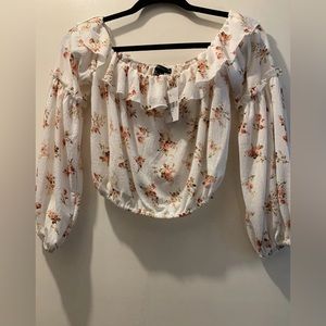 Forever 21 Small Ivory Floral off shoulder long sleeve knit top